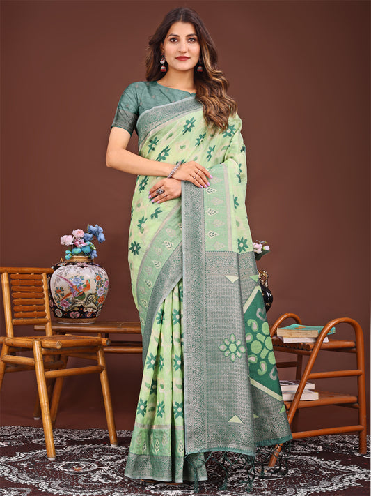 Astita Elegant Light Green Linen Cotton Patola Saree – A Refreshing Harmony of Culture and Comfort