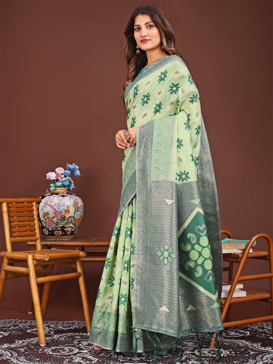 Astita Elegant Light Green Linen Cotton Patola Saree – A Refreshing Harmony of Culture and Comfort