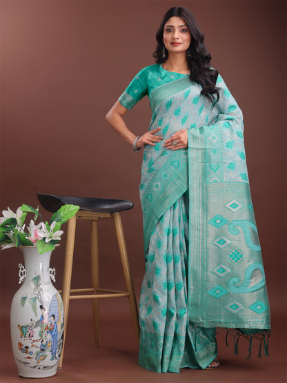 Astita Stylish Green Linen Cotton Saree with Woven Design – Lightweight Elegance for Everyday Grace