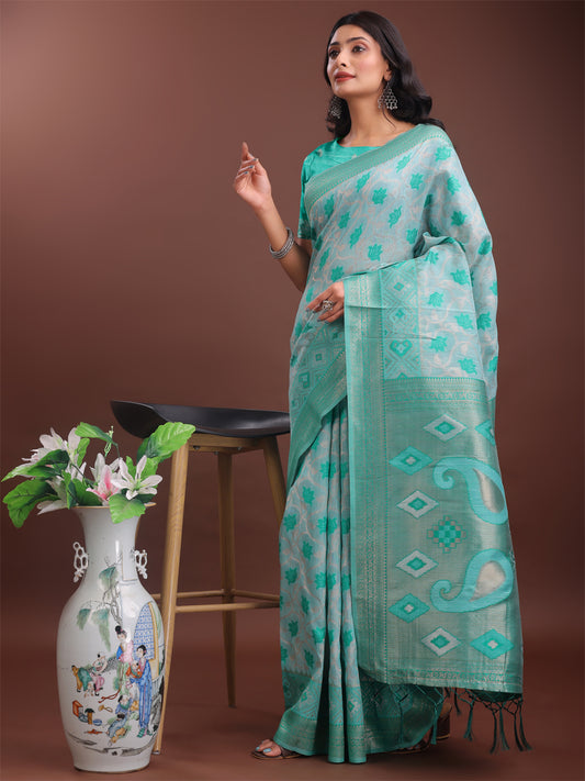 Astita Stylish Green Linen Cotton Saree with Woven Design – Lightweight Elegance for Everyday Grace