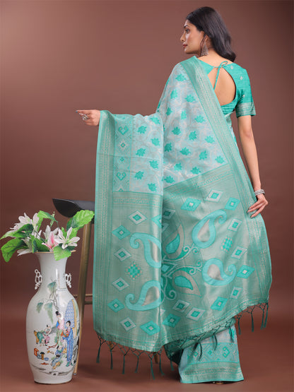Astita Stylish Green Linen Cotton Saree with Woven Design – Lightweight Elegance for Everyday Grace