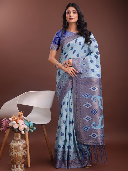 Astita Stylish Sky Blue Linen Cotton Saree with Woven Design – Lightweight Elegance for Everyday Grace