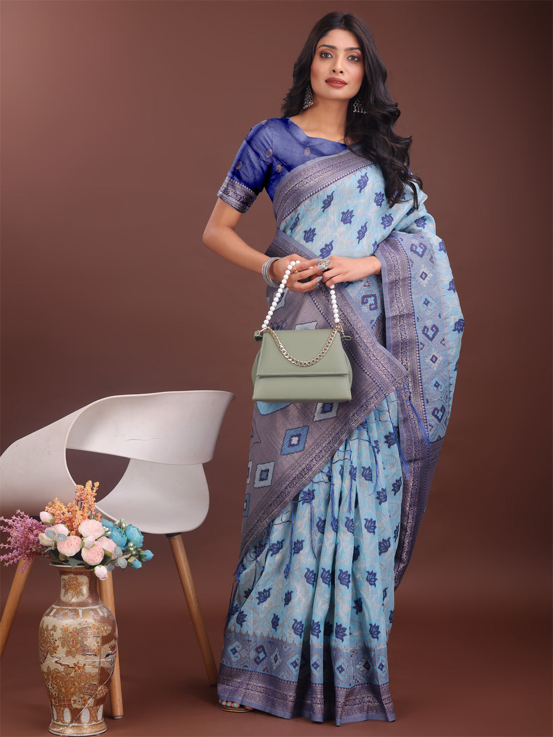 Astita Stylish Sky Blue Linen Cotton Saree with Woven Design – Lightweight Elegance for Everyday Grace