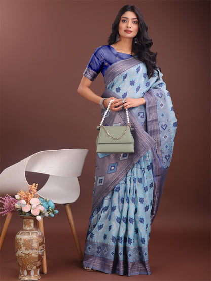 Astita Stylish Sky Blue Linen Cotton Saree with Woven Design – Lightweight Elegance for Everyday Grace