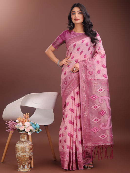 Astita Stylish Light Pink Linen Cotton Saree with Woven Design – Lightweight Elegance for Everyday Grace
