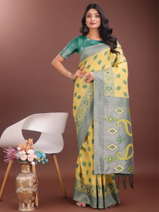 Astita Stylish Yellow Linen Cotton Saree with Woven Design – Lightweight Elegance for Everyday Grace