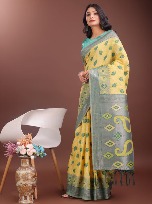 Astita Stylish Yellow Linen Cotton Saree with Woven Design – Lightweight Elegance for Everyday Grace