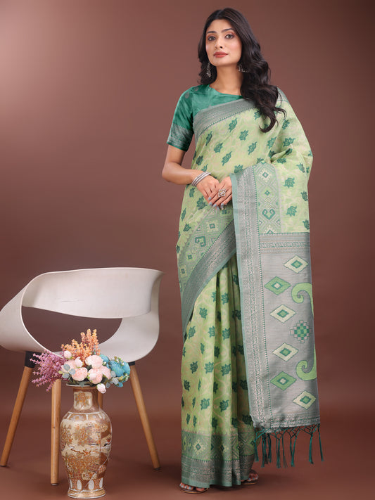 Astita Stylish Light Green Linen Cotton Saree with Woven Design – Lightweight Elegance for Everyday Grace