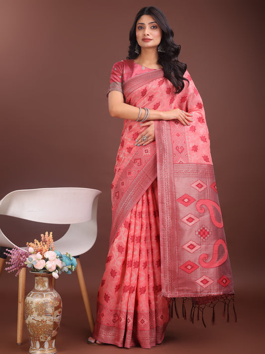 Astita Stylish Peach Linen Cotton Saree with Woven Design – Lightweight Elegance for Everyday Grace