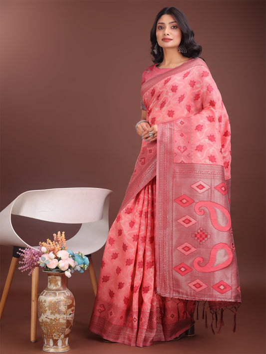 Astita Stylish Peach Linen Cotton Saree with Woven Design – Lightweight Elegance for Everyday Grace