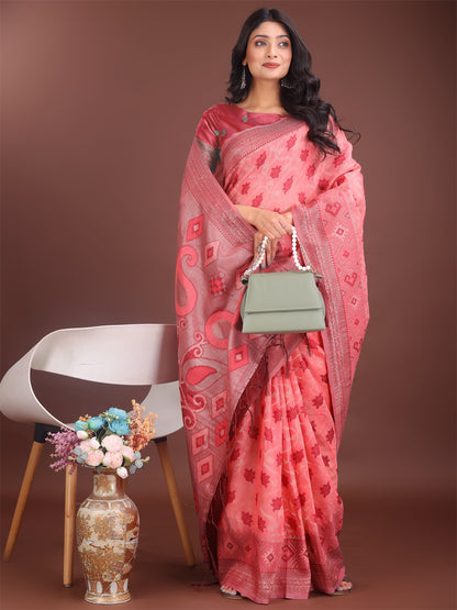 Astita Stylish Peach Linen Cotton Saree with Woven Design – Lightweight Elegance for Everyday Grace