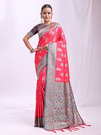 Astita Rose Pink Banarasi Silk Saree with Silver Zari Border & Paisley Design – Festive Wedding Wear | Elegant Traditional Pallu | Soft Silk Finish for Women | Cultural Ethnic Saree