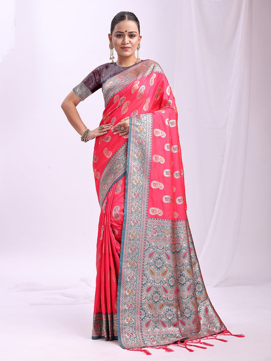 Astita Rose Pink Banarasi Silk Saree with Silver Zari Border & Paisley Design – Festive Wedding Wear | Elegant Traditional Pallu | Soft Silk Finish for Women | Cultural Ethnic Saree