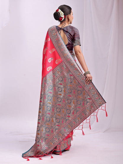 Astita Rose Pink Banarasi Silk Saree with Silver Zari Border & Paisley Design – Festive Wedding Wear | Elegant Traditional Pallu | Soft Silk Finish for Women | Cultural Ethnic Saree