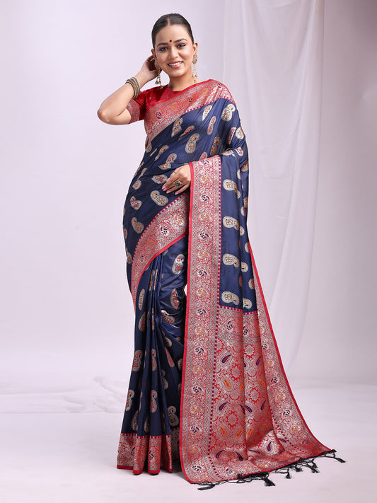 Astita Navy Blue Banarasi Silk Saree with Silver Zari Border & Paisley Design – Festive Wedding Wear | Elegant Traditional Pallu | Soft Silk Finish for Women | Cultural Ethnic Saree
