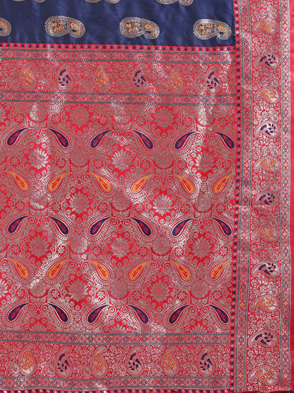 Astita Navy Blue Banarasi Silk Saree with Silver Zari Border & Paisley Design – Festive Wedding Wear | Elegant Traditional Pallu | Soft Silk Finish for Women | Cultural Ethnic Saree