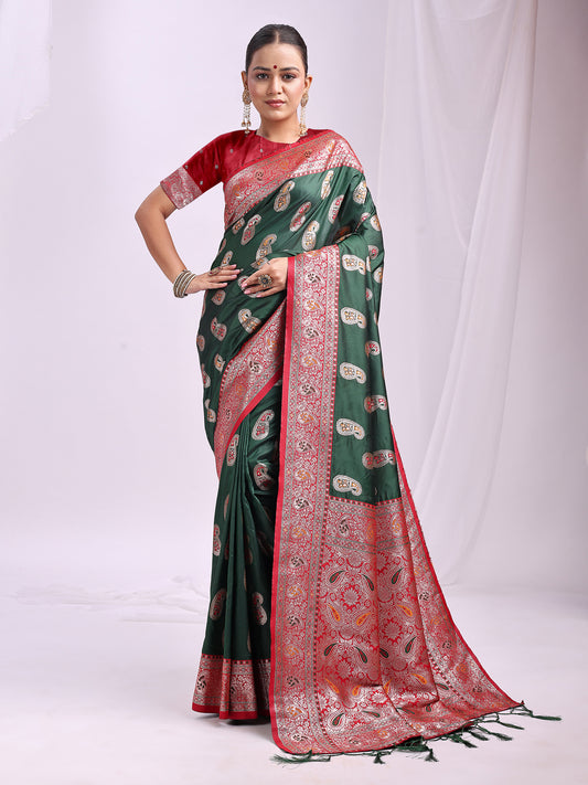 Astita Dark Green Banarasi Silk Saree with Silver Zari Border & Paisley Design – Festive Wedding Wear | Elegant Traditional Pallu | Soft Silk Finish for Women | Cultural Ethnic Saree