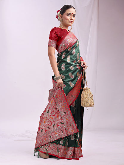 Astita Dark Green Banarasi Silk Saree with Silver Zari Border & Paisley Design – Festive Wedding Wear | Elegant Traditional Pallu | Soft Silk Finish for Women | Cultural Ethnic Saree