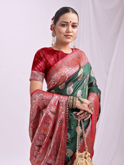 Astita Dark Green Banarasi Silk Saree with Silver Zari Border & Paisley Design – Festive Wedding Wear | Elegant Traditional Pallu | Soft Silk Finish for Women | Cultural Ethnic Saree