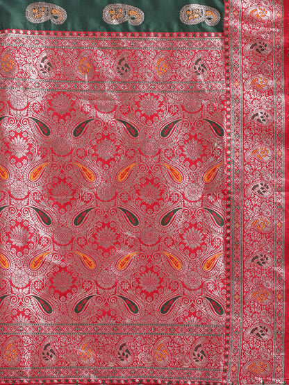 Astita Dark Green Banarasi Silk Saree with Silver Zari Border & Paisley Design – Festive Wedding Wear | Elegant Traditional Pallu | Soft Silk Finish for Women | Cultural Ethnic Saree