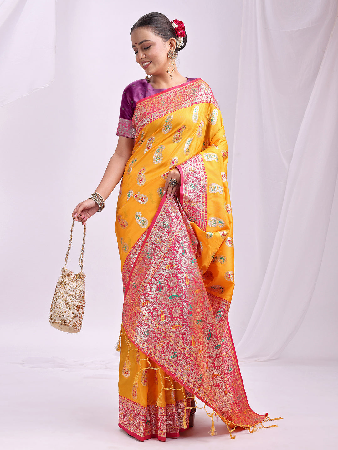 Astita Mustard Banarasi Silk Saree with Silver Zari Border & Paisley Design – Festive Wedding Wear | Elegant Traditional Pallu | Soft Silk Finish for Women | Cultural Ethnic Saree