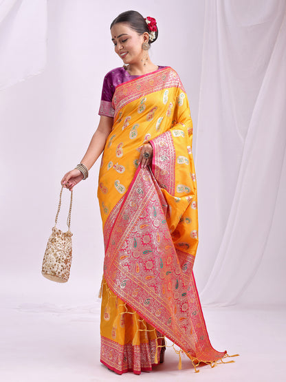Astita Mustard Banarasi Silk Saree with Silver Zari Border & Paisley Design – Festive Wedding Wear | Elegant Traditional Pallu | Soft Silk Finish for Women | Cultural Ethnic Saree