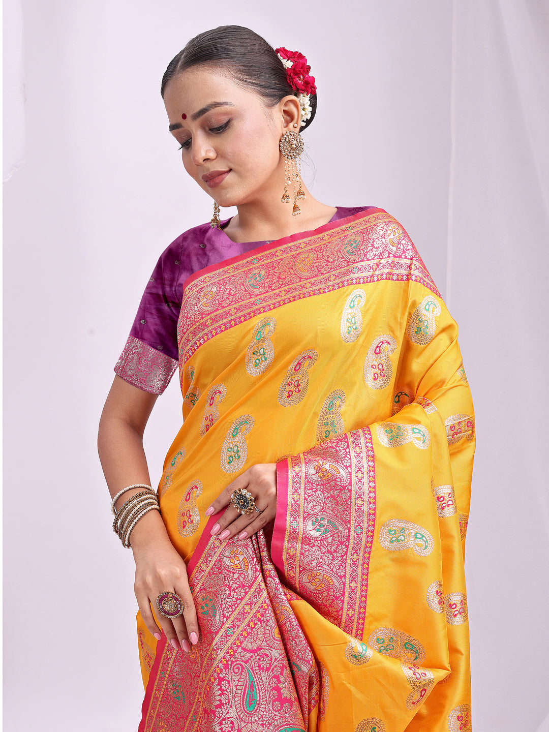 Astita Mustard Banarasi Silk Saree with Silver Zari Border & Paisley Design – Festive Wedding Wear | Elegant Traditional Pallu | Soft Silk Finish for Women | Cultural Ethnic Saree