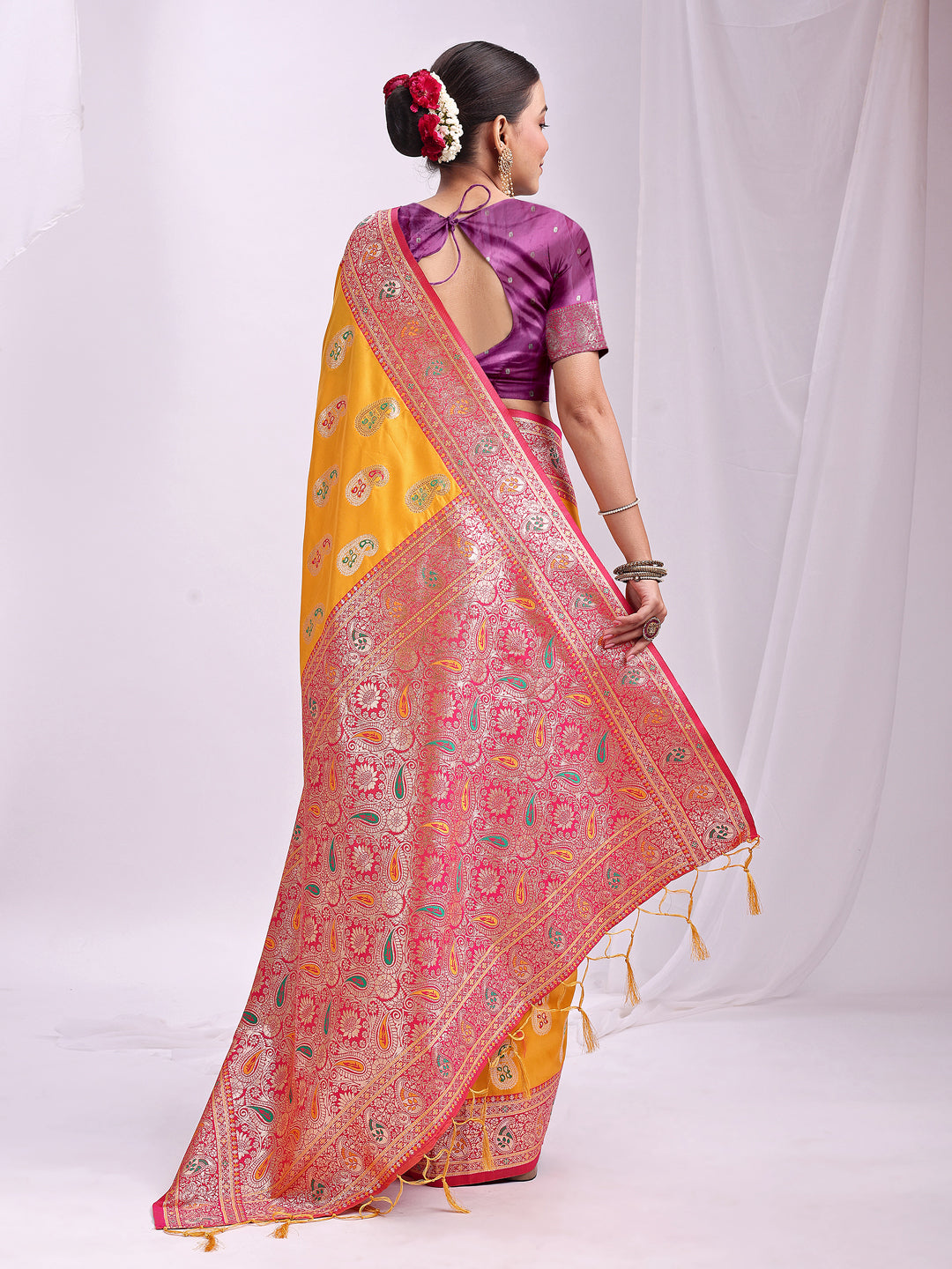 Astita Mustard Banarasi Silk Saree with Silver Zari Border & Paisley Design – Festive Wedding Wear | Elegant Traditional Pallu | Soft Silk Finish for Women | Cultural Ethnic Saree