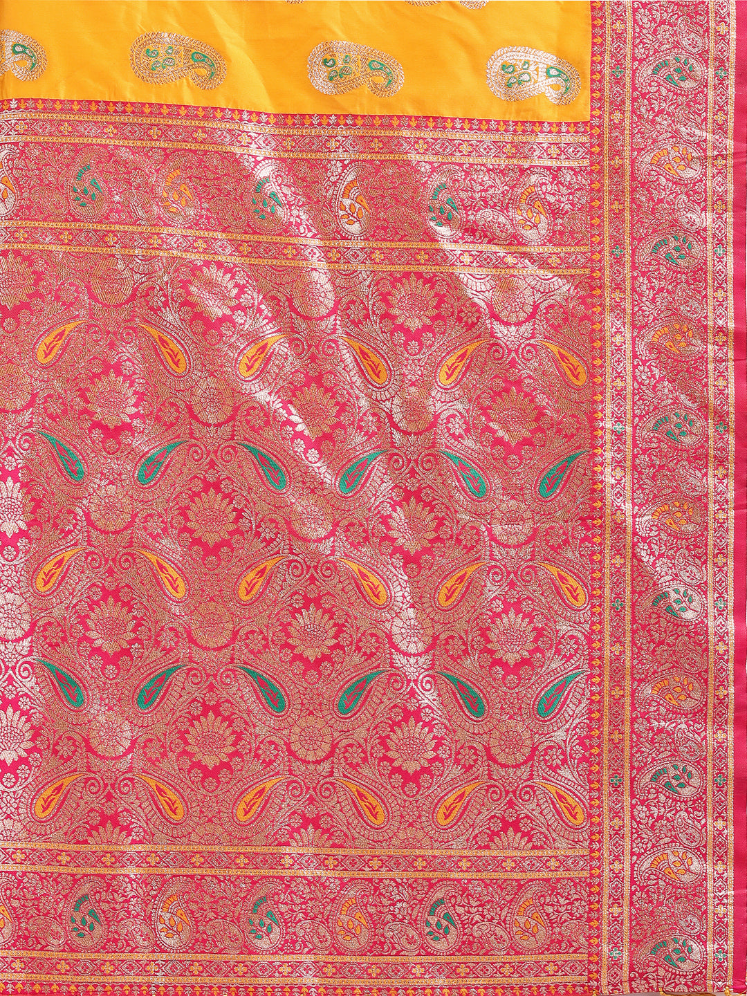 Astita Mustard Banarasi Silk Saree with Silver Zari Border & Paisley Design – Festive Wedding Wear | Elegant Traditional Pallu | Soft Silk Finish for Women | Cultural Ethnic Saree