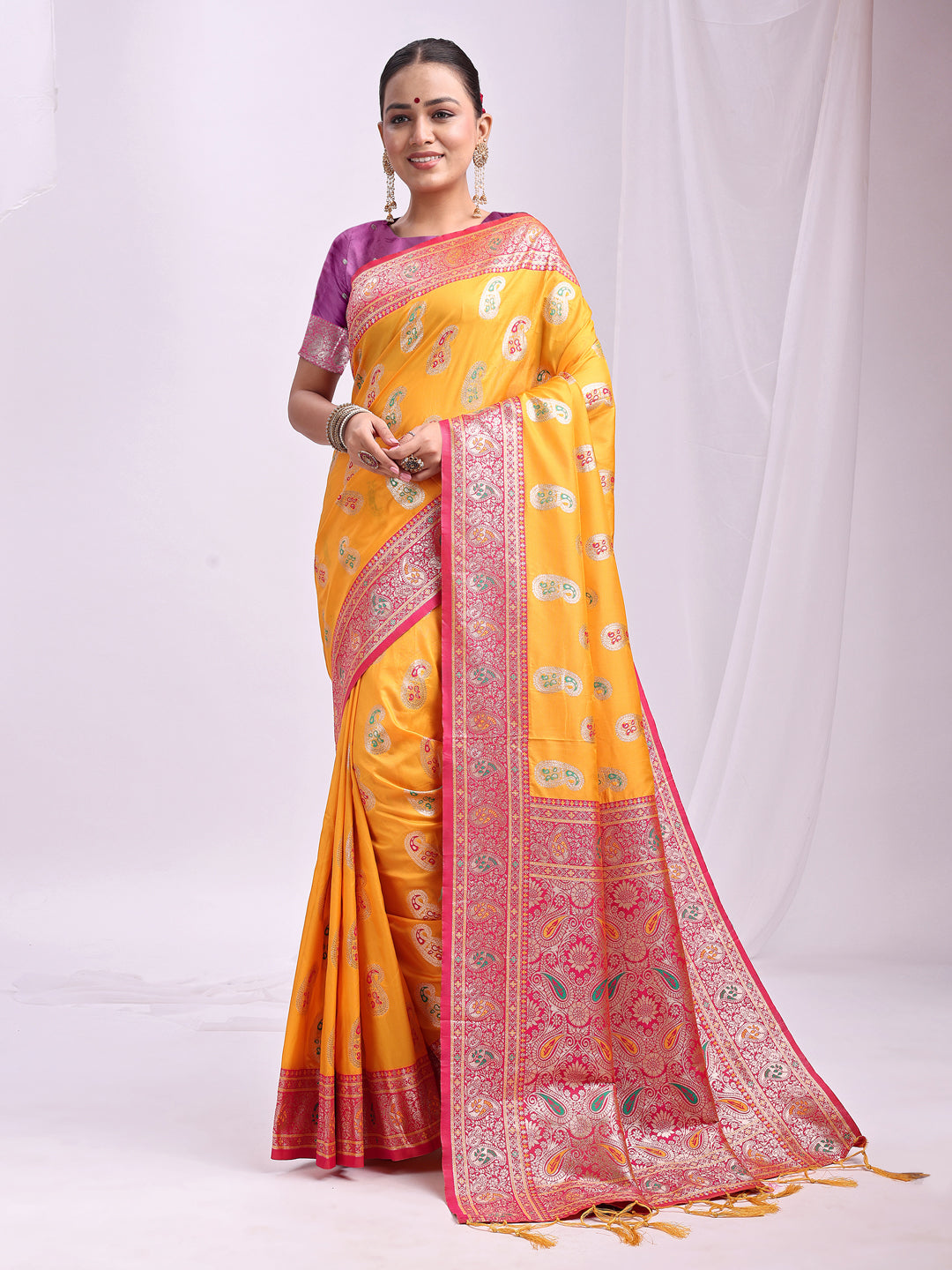 Astita Mustard Banarasi Silk Saree with Silver Zari Border & Paisley Design – Festive Wedding Wear | Elegant Traditional Pallu | Soft Silk Finish for Women | Cultural Ethnic Saree