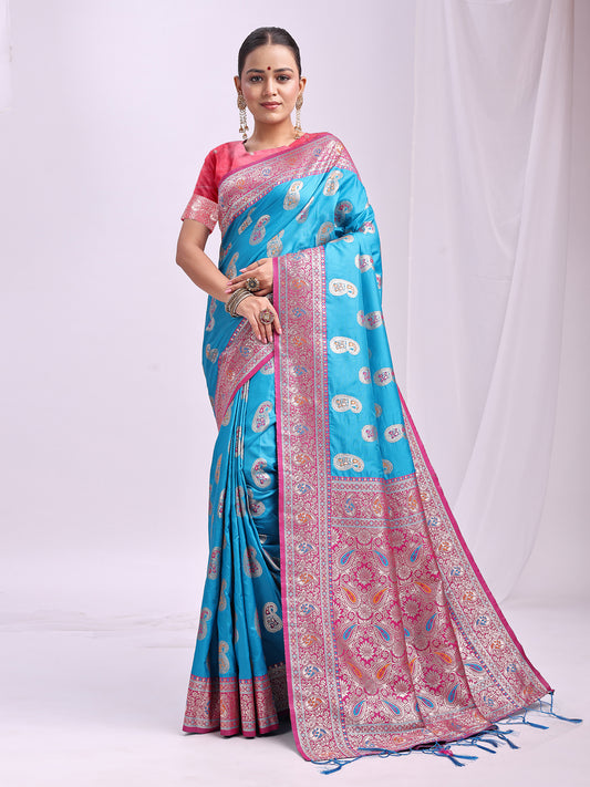 Astita Sky Blue Banarasi Silk Saree with Silver Zari Border & Paisley Design – Festive Wedding Wear | Elegant Traditional Pallu | Soft Silk Finish for Women | Cultural Ethnic Saree