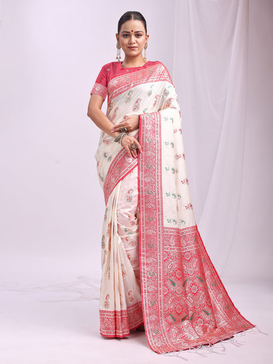 Astita White Banarasi Silk Saree with Silver Zari Border & Paisley Design – Festive Wedding Wear | Elegant Traditional Pallu | Soft Silk Finish for Women | Cultural Ethnic Saree