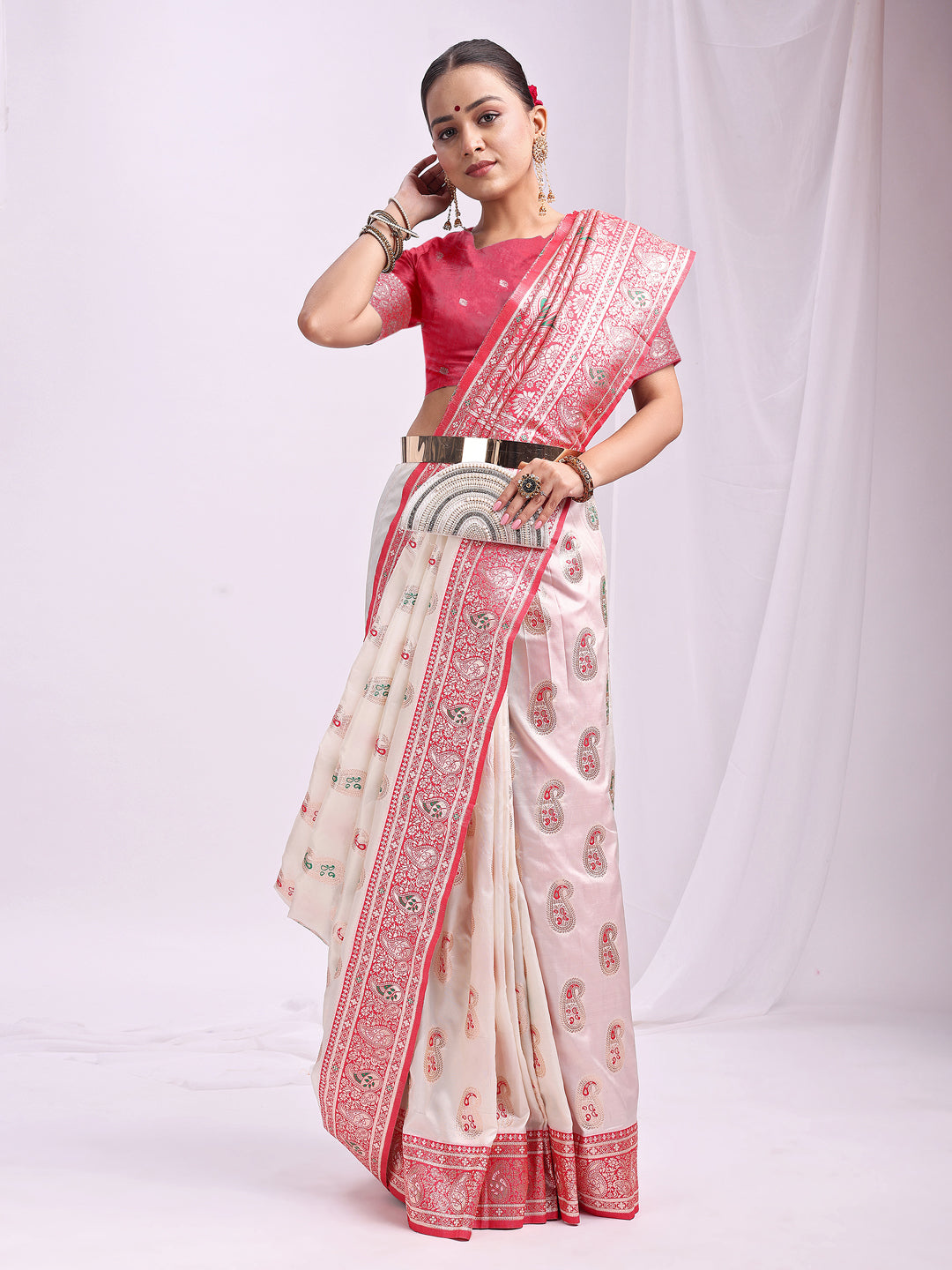 Astita White Banarasi Silk Saree with Silver Zari Border & Paisley Design – Festive Wedding Wear | Elegant Traditional Pallu | Soft Silk Finish for Women | Cultural Ethnic Saree