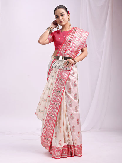 Astita White Banarasi Silk Saree with Silver Zari Border & Paisley Design – Festive Wedding Wear | Elegant Traditional Pallu | Soft Silk Finish for Women | Cultural Ethnic Saree