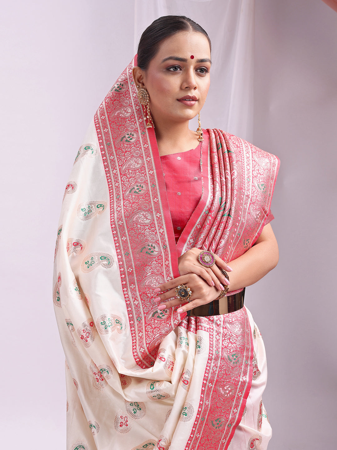 Astita White Banarasi Silk Saree with Silver Zari Border & Paisley Design – Festive Wedding Wear | Elegant Traditional Pallu | Soft Silk Finish for Women | Cultural Ethnic Saree