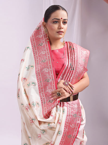 Astita White Banarasi Silk Saree with Silver Zari Border & Paisley Design – Festive Wedding Wear | Elegant Traditional Pallu | Soft Silk Finish for Women | Cultural Ethnic Saree