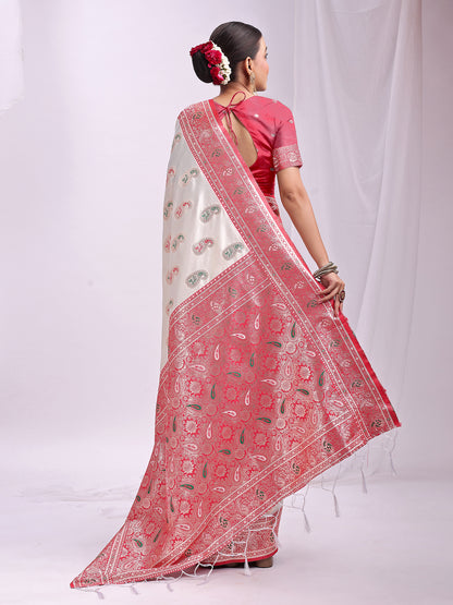 Astita White Banarasi Silk Saree with Silver Zari Border & Paisley Design – Festive Wedding Wear | Elegant Traditional Pallu | Soft Silk Finish for Women | Cultural Ethnic Saree