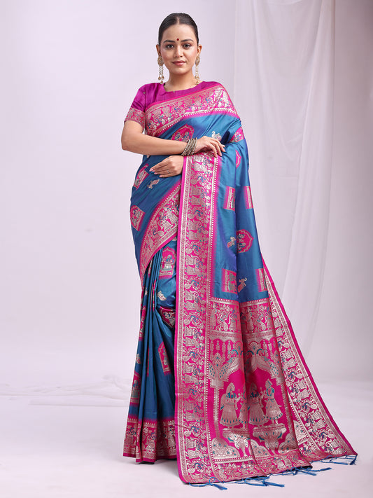 Astita Banarasi Silk Saree with Blue & Rani Pink Zari Work – Wedding & Festive Traditional Saree | Temple Border & Royal Motifs | Soft & Shiny Silk Finish