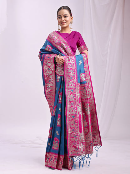 Astita Banarasi Silk Saree with Blue & Rani Pink Zari Work – Wedding & Festive Traditional Saree | Temple Border & Royal Motifs | Soft & Shiny Silk Finish
