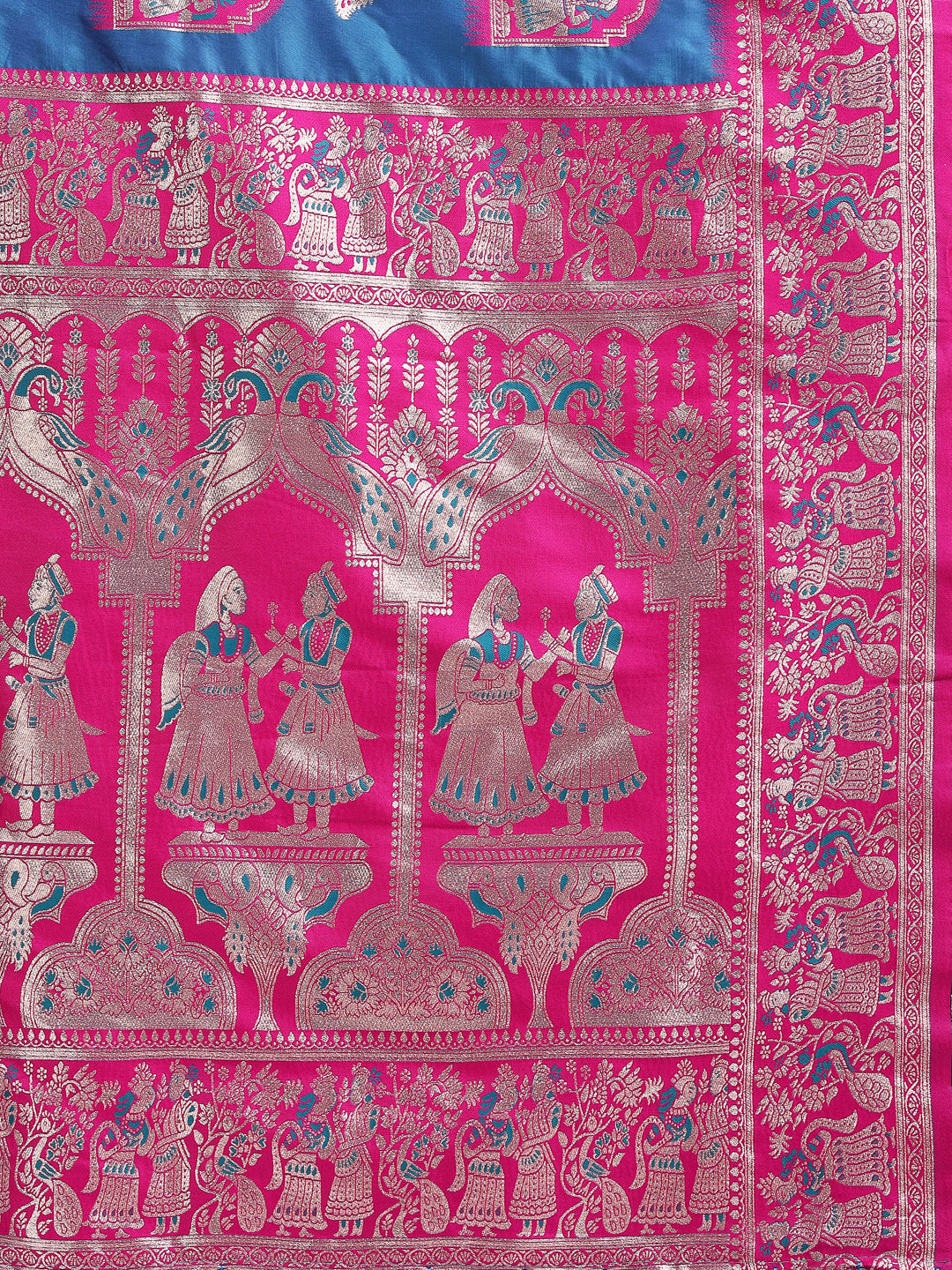 Astita Banarasi Silk Saree with Blue & Rani Pink Zari Work – Wedding & Festive Traditional Saree | Temple Border & Royal Motifs | Soft & Shiny Silk Finish