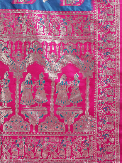 Astita Banarasi Silk Saree with Blue & Rani Pink Zari Work – Wedding & Festive Traditional Saree | Temple Border & Royal Motifs | Soft & Shiny Silk Finish