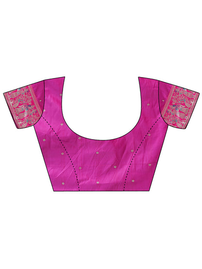 Astita Banarasi Silk Saree with Blue & Rani Pink Zari Work – Wedding & Festive Traditional Saree | Temple Border & Royal Motifs | Soft & Shiny Silk Finish