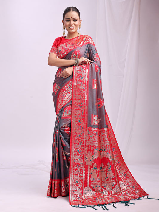 Astita Banarasi Silk Saree with GreY & Red Zari Work – Wedding & Festive Traditional Saree | Temple Border & Royal Motifs | Soft & Shiny Silk Finish
