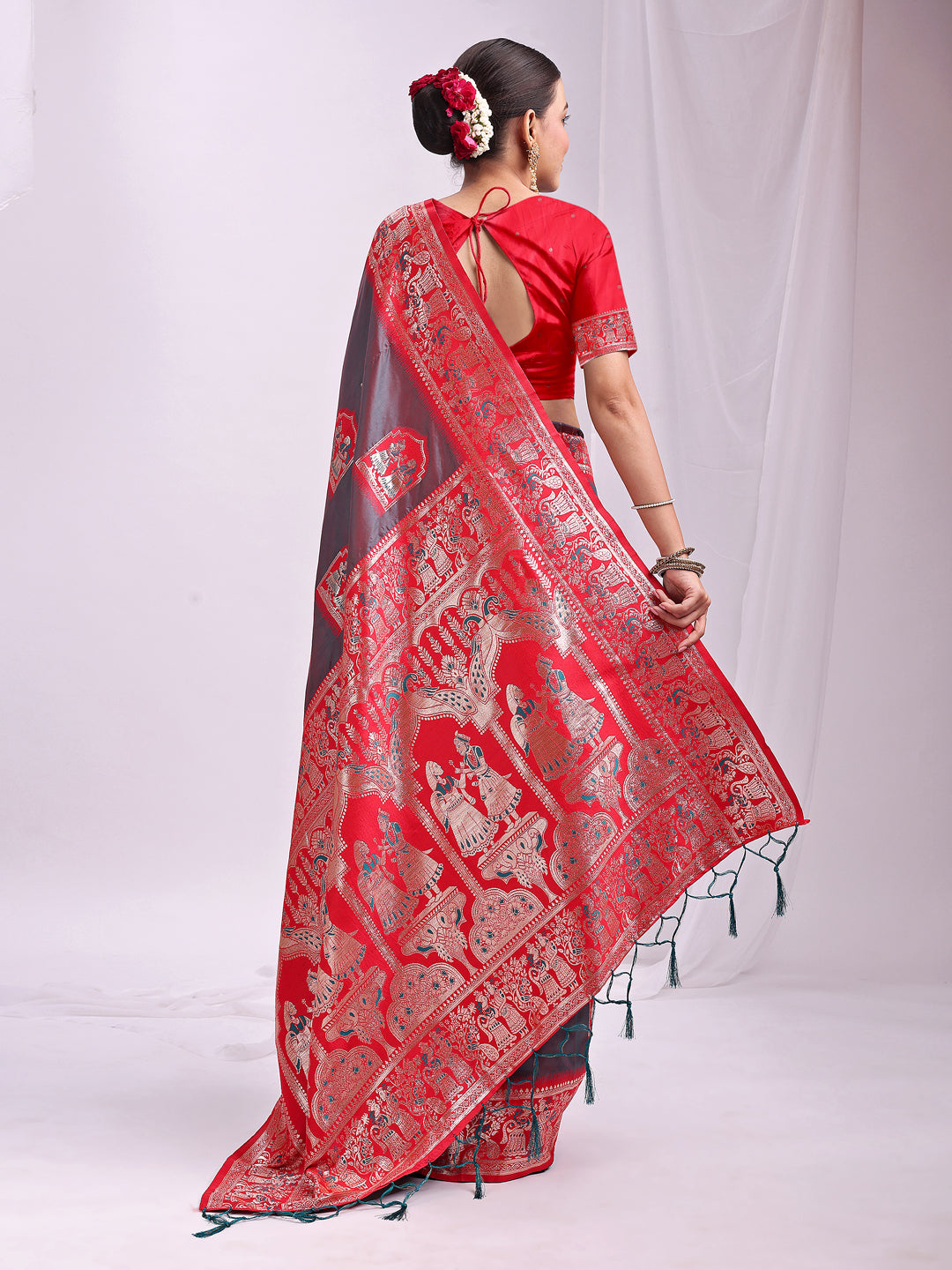 Astita Banarasi Silk Saree with GreY & Red Zari Work – Wedding & Festive Traditional Saree | Temple Border & Royal Motifs | Soft & Shiny Silk Finish