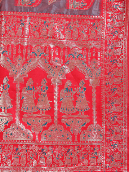 Astita Banarasi Silk Saree with GreY & Red Zari Work – Wedding & Festive Traditional Saree | Temple Border & Royal Motifs | Soft & Shiny Silk Finish