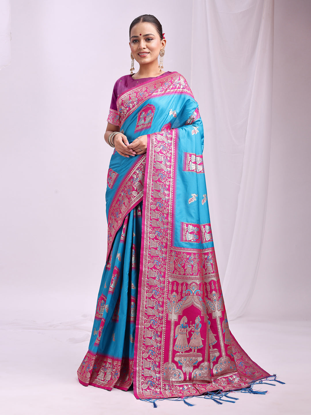 Astita Banarasi Silk Saree with Sky Blue & Pink Zari Work – Wedding & Festive Traditional Saree | Temple Border & Royal Motifs | Soft & Shiny Silk Finish