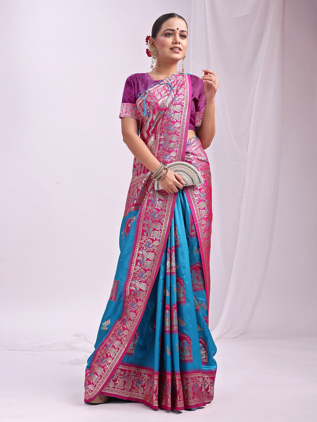 Astita Banarasi Silk Saree with Sky Blue & Pink Zari Work – Wedding & Festive Traditional Saree | Temple Border & Royal Motifs | Soft & Shiny Silk Finish