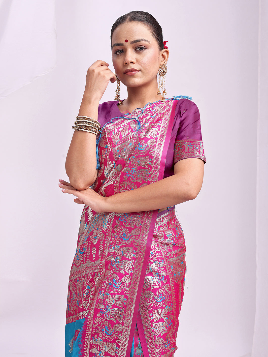 Astita Banarasi Silk Saree with Sky Blue & Pink Zari Work – Wedding & Festive Traditional Saree | Temple Border & Royal Motifs | Soft & Shiny Silk Finish