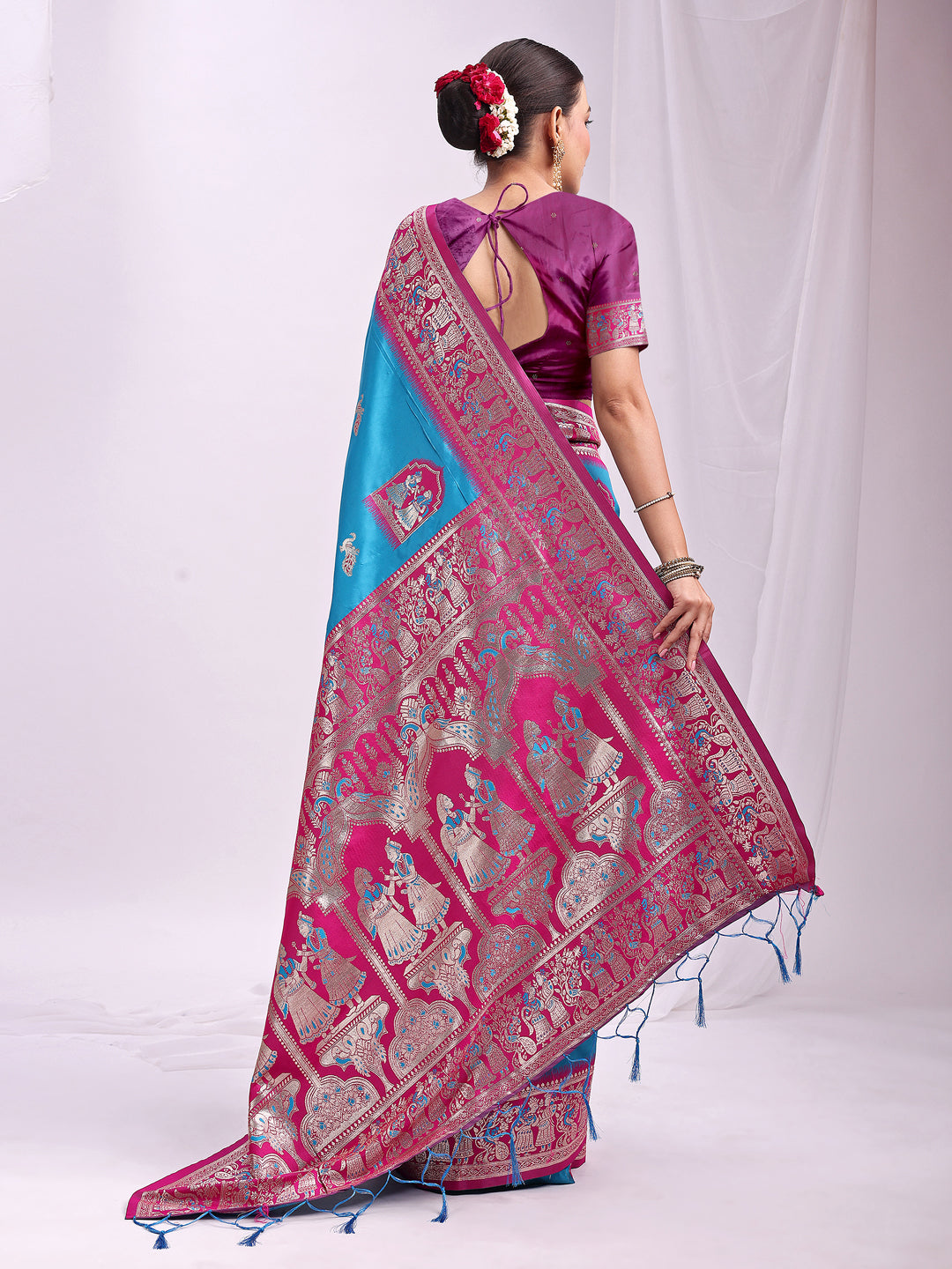 Astita Banarasi Silk Saree with Sky Blue & Pink Zari Work – Wedding & Festive Traditional Saree | Temple Border & Royal Motifs | Soft & Shiny Silk Finish
