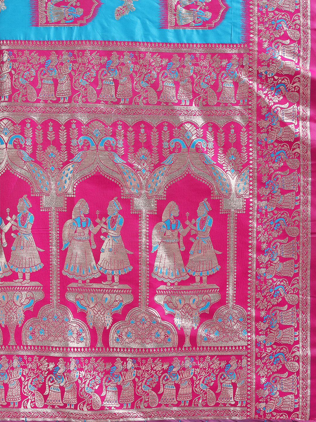 Astita Banarasi Silk Saree with Sky Blue & Pink Zari Work – Wedding & Festive Traditional Saree | Temple Border & Royal Motifs | Soft & Shiny Silk Finish